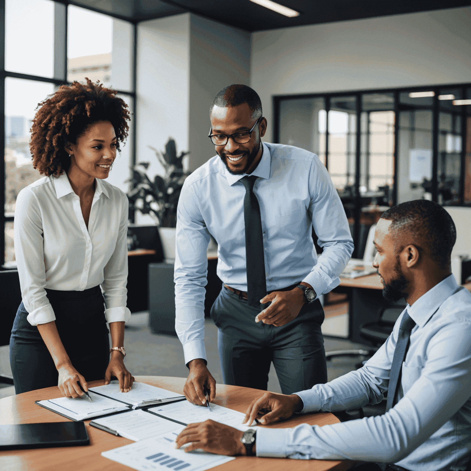 A team of financial experts discussing business strategies in a modern office setting in South Africa