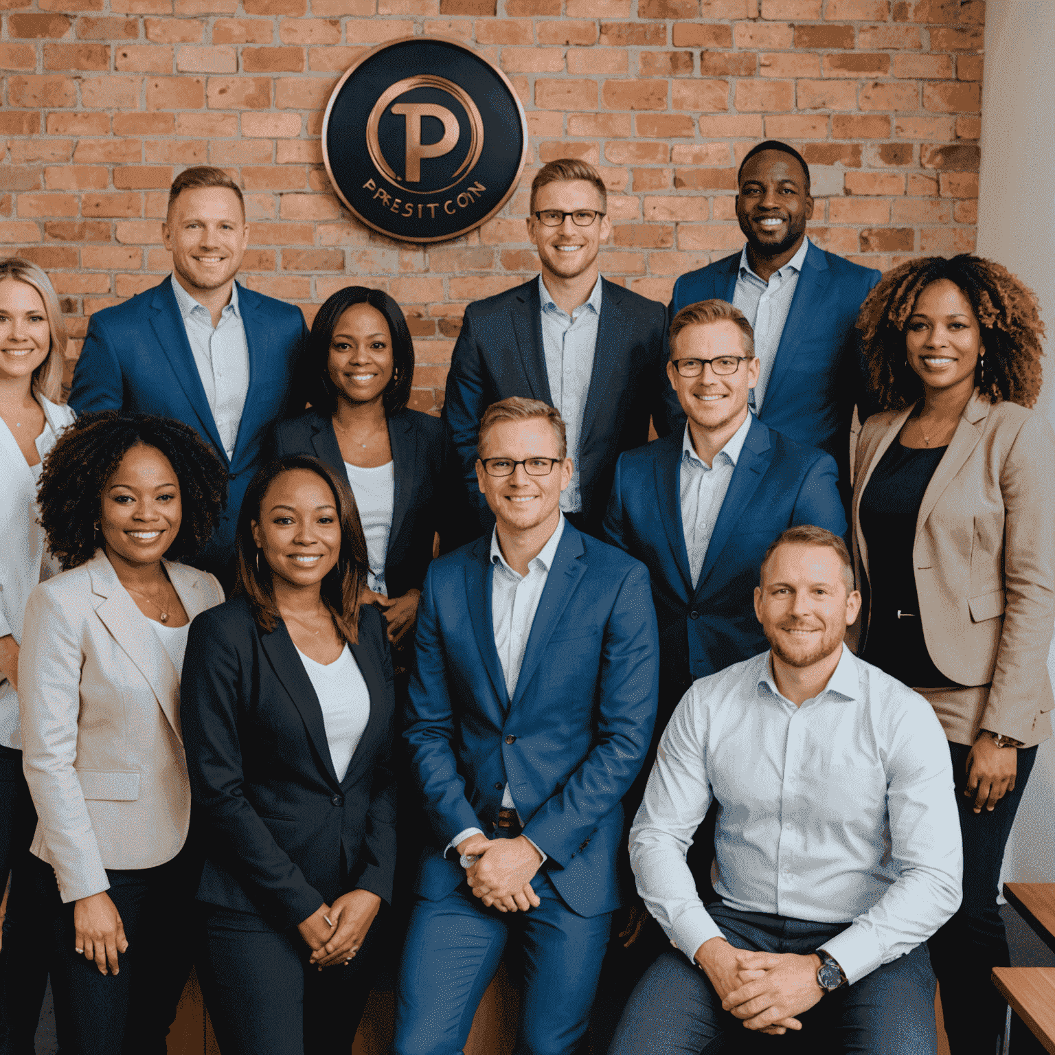 A group photo of the PrestigeCoin Solutions team of business experts and consultants in their office in South Africa, looking professional and ready to help clients elevate their businesses