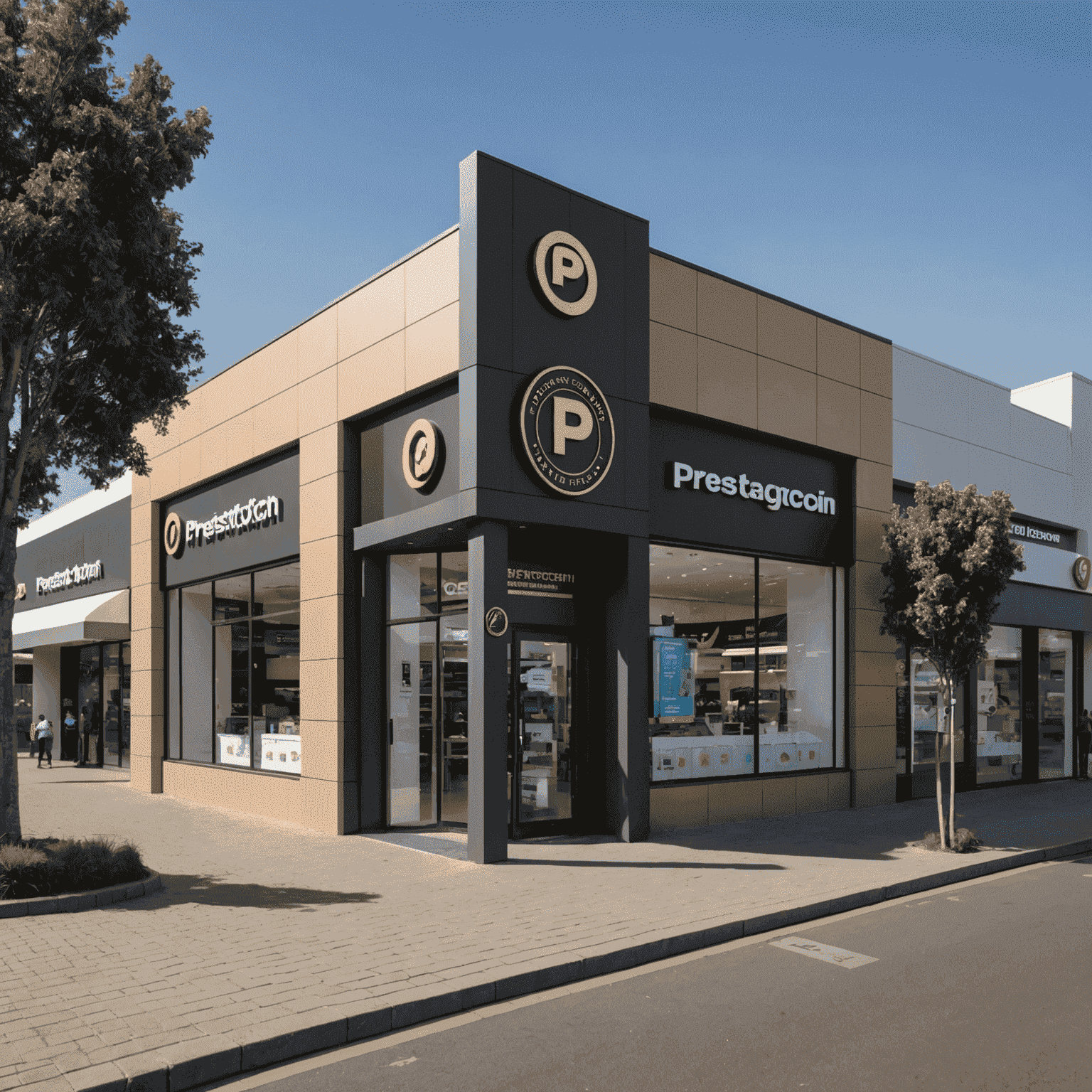 Exterior view of a modern retail store in South Africa with PrestigeCoin Solutions branding