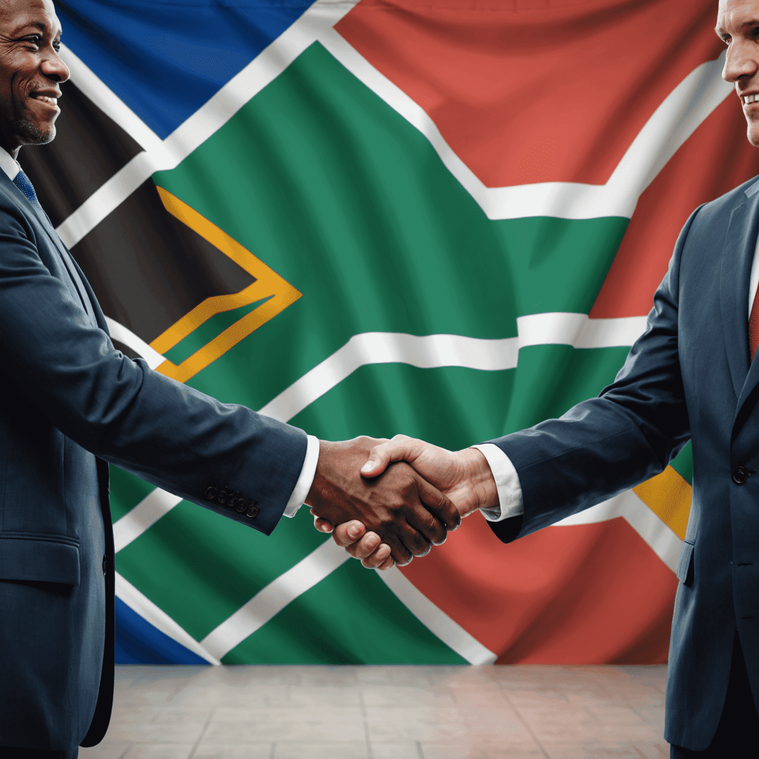 Businesspeople shaking hands in front of a South African flag, symbolizing partnership and adapting to the local market