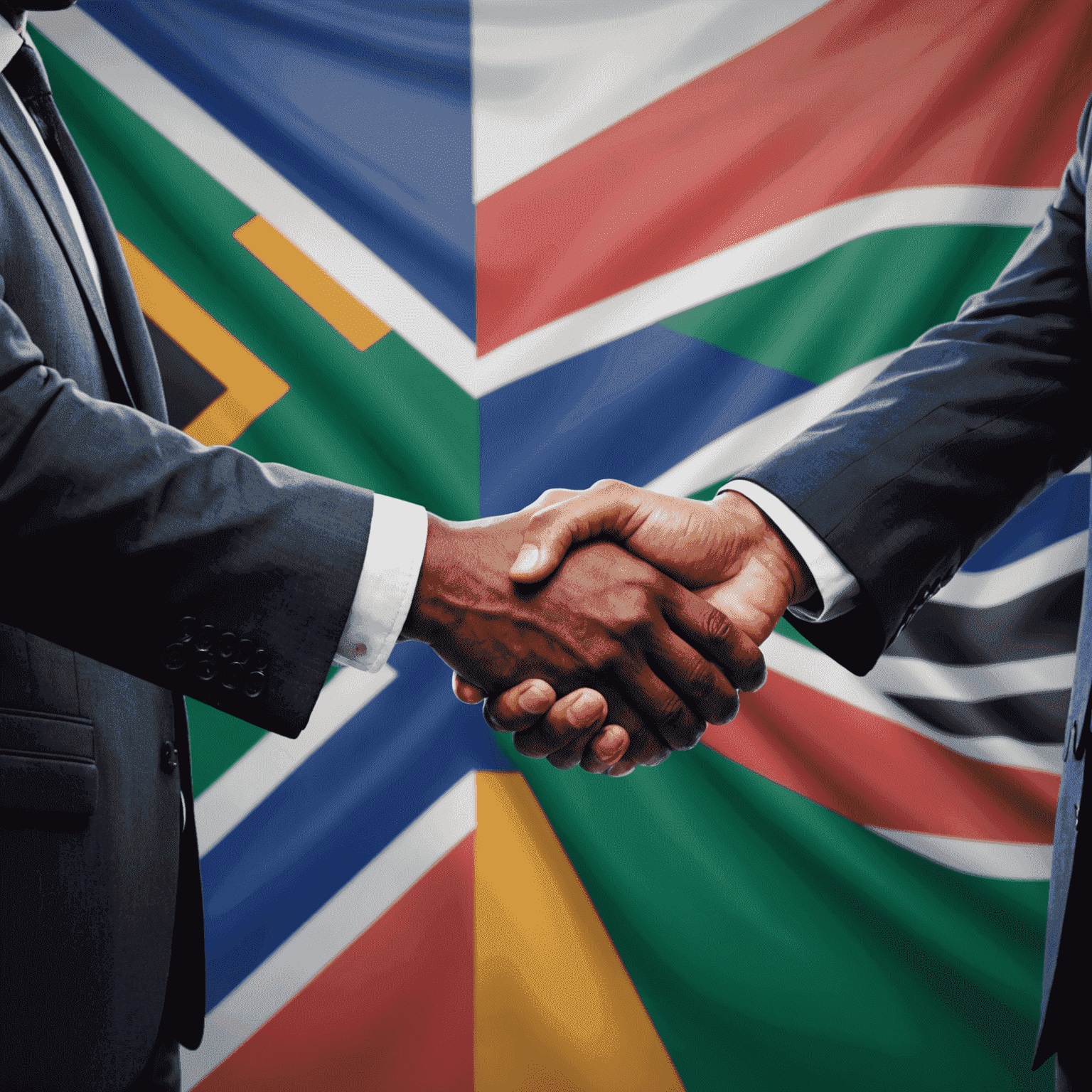 Businesspeople shaking hands in front of South African flag, symbolizing partnership and success